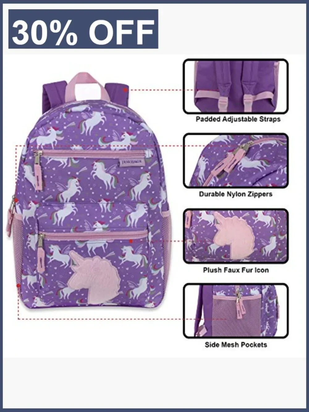 Kids Plush Unicorn School Backpack 17in with Side Pockets Padded Straps